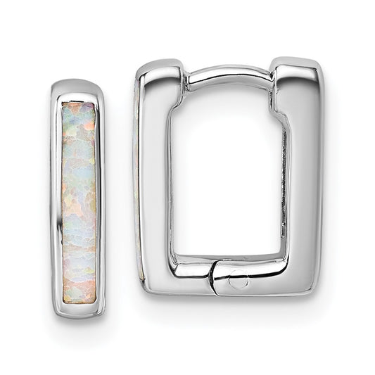 Sterling Silver Rhodium-plated Polished Lab Created Opal Square Hinged Hoop Earrings