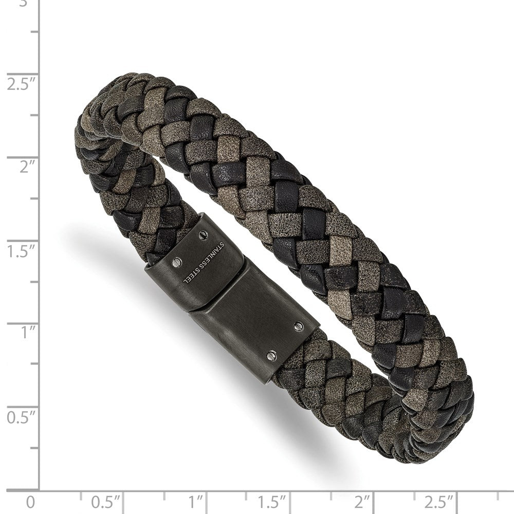 Stainless Steel Brushed Gun Metal IP-plated Brown Leather 8.25in Bracelet 8.25 inches