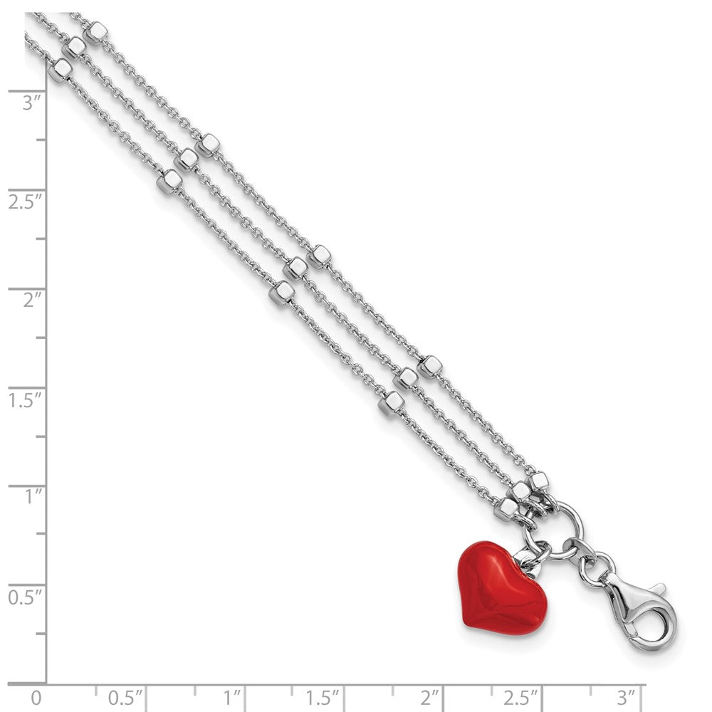 Sterling Silver Rhod-plated Enameled Red Heart w/ 2in ext Bracelet