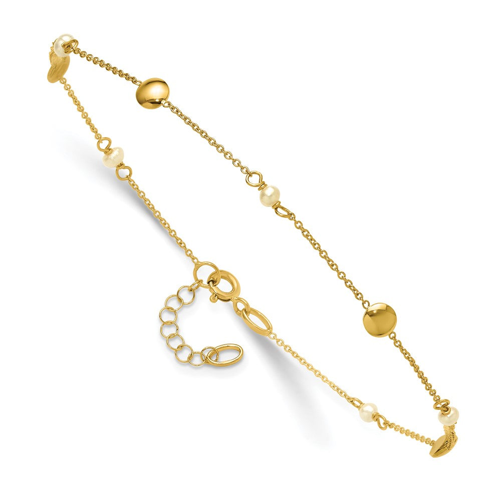 14K Polished FWC Pearl and Circles 9in Plus 1in ext. Anklet