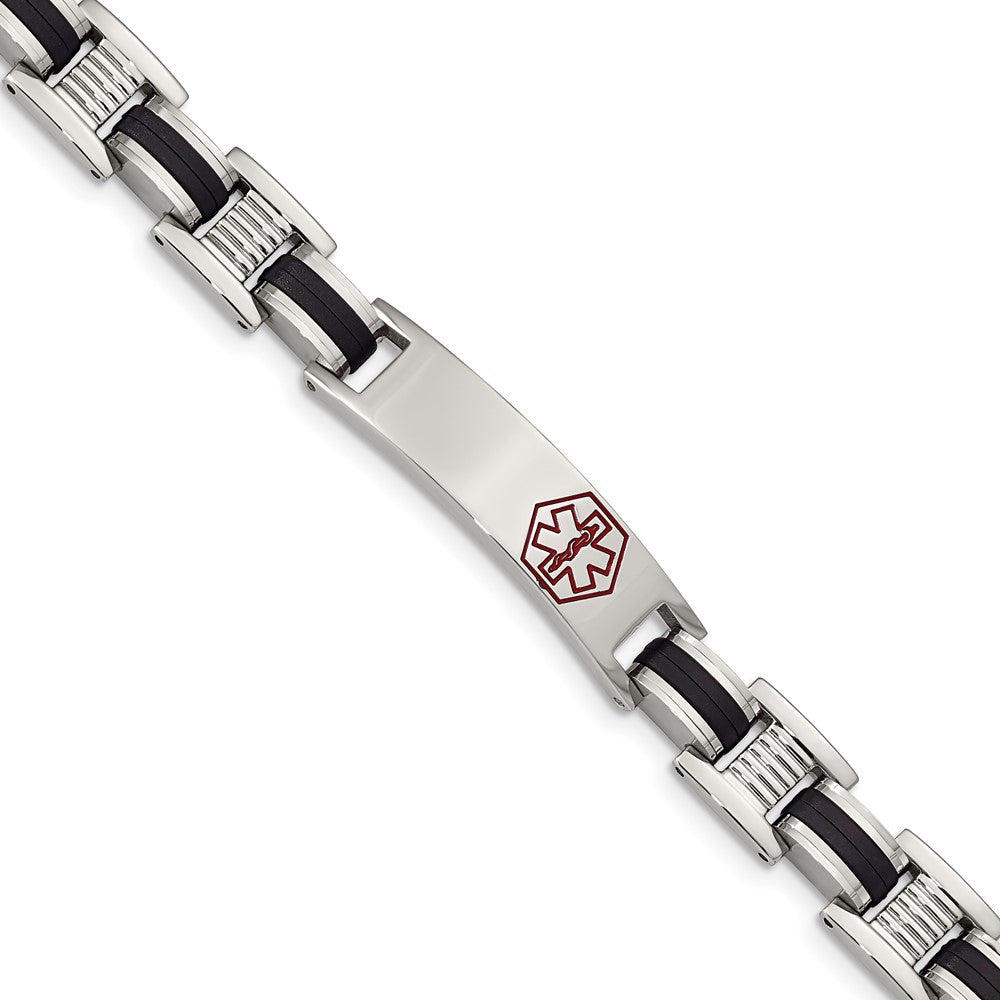 Stainless Steel Black Rubber Red Enamel 8in Medical Bracelet 8 inches