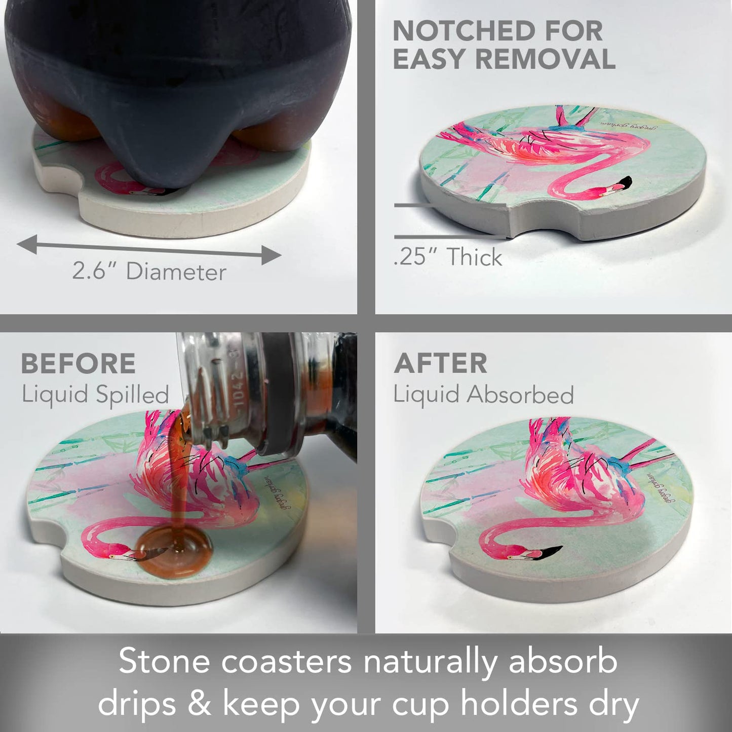 CounterArt "Flamingo Flair" 1 Pack Absorbent Stone Coaster for Vehicle Cup Holder 2.6” Diameter