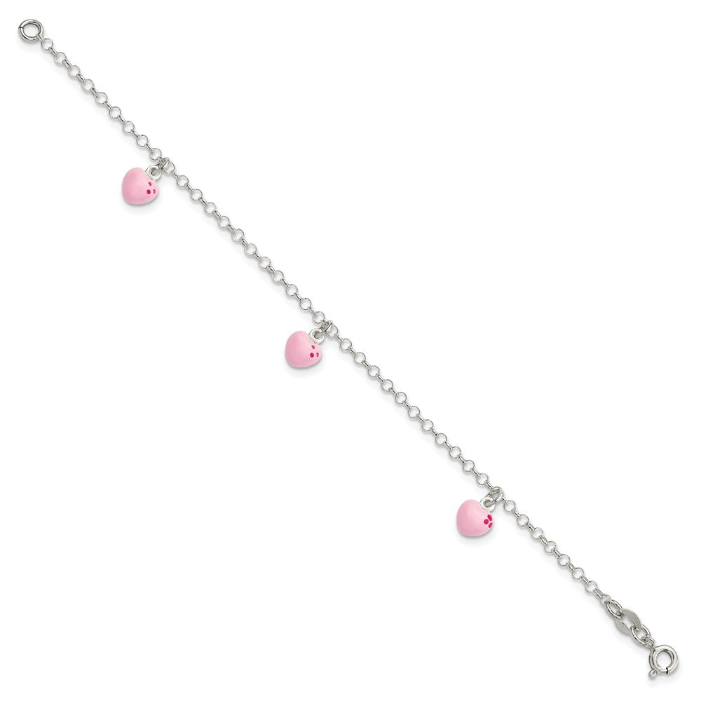 Sterling Silver Polished Pink Enameled Hearts Children's Bracelet 6 inches