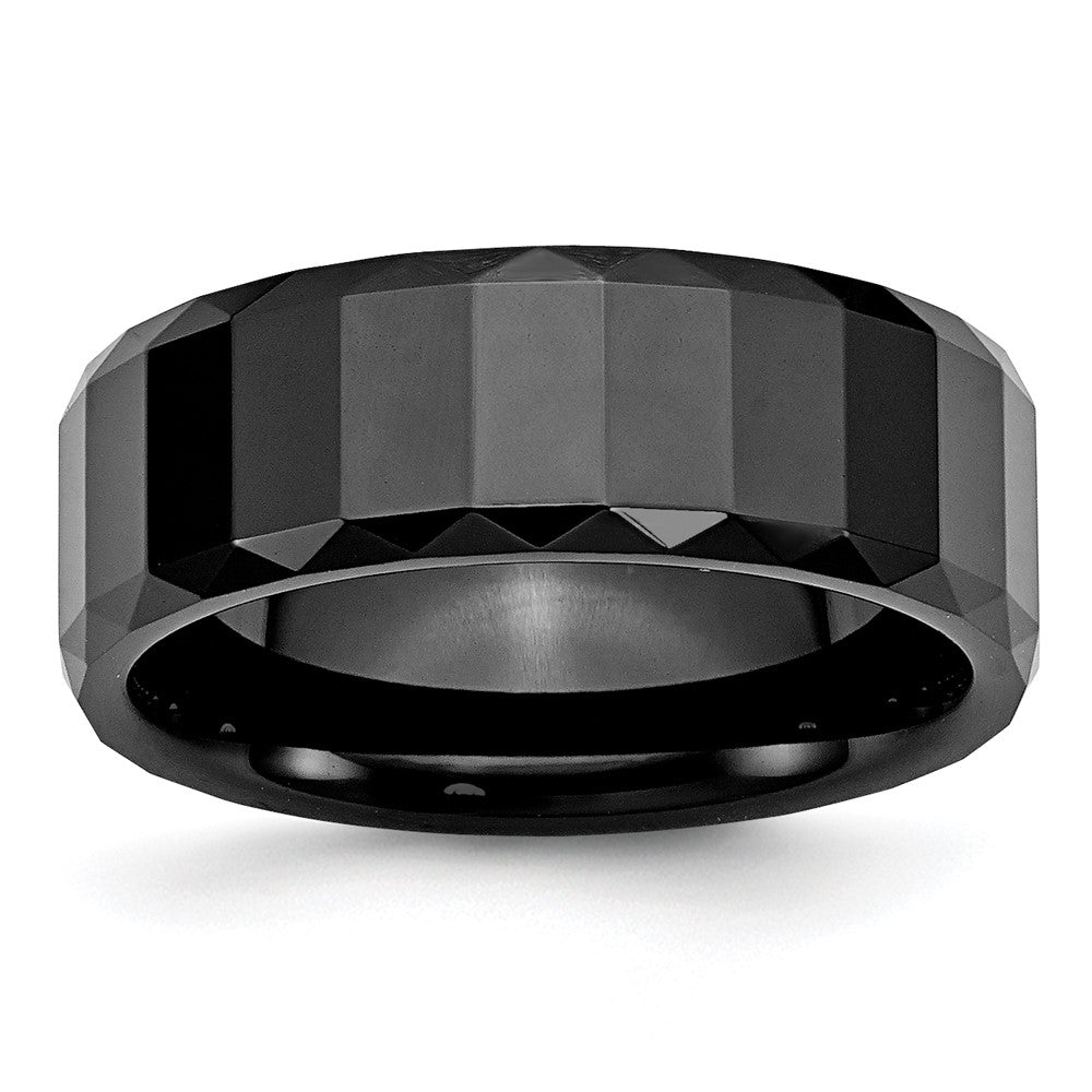 Ceramic Black Faceted 8mm Polished Beveled Edge Band Size - 8.5