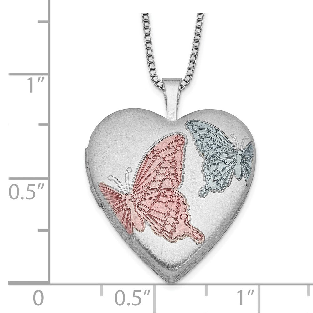 Sterling Silver RH-plated 20mm Enamel Butterflies Heart Locket Necklace 18 Inches