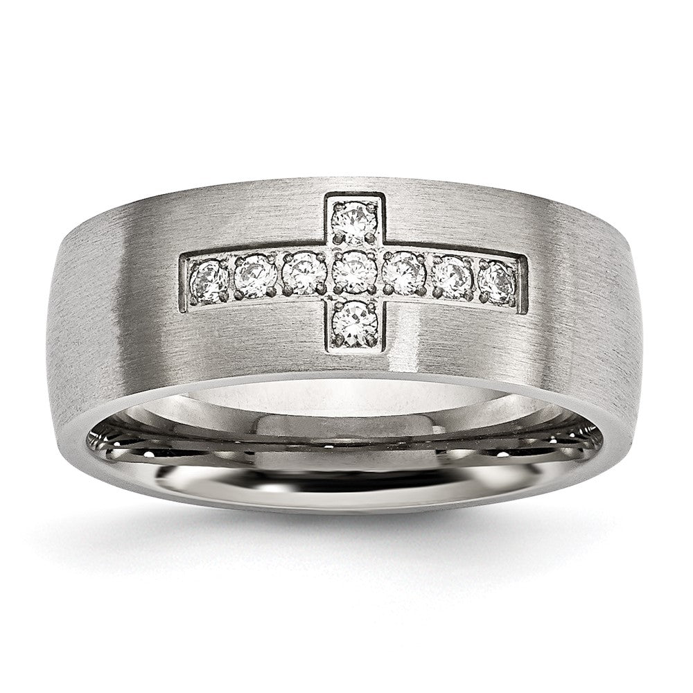 Stainless Steel Brushed w/CZ Cross 7.75mm Band Size - 7.5