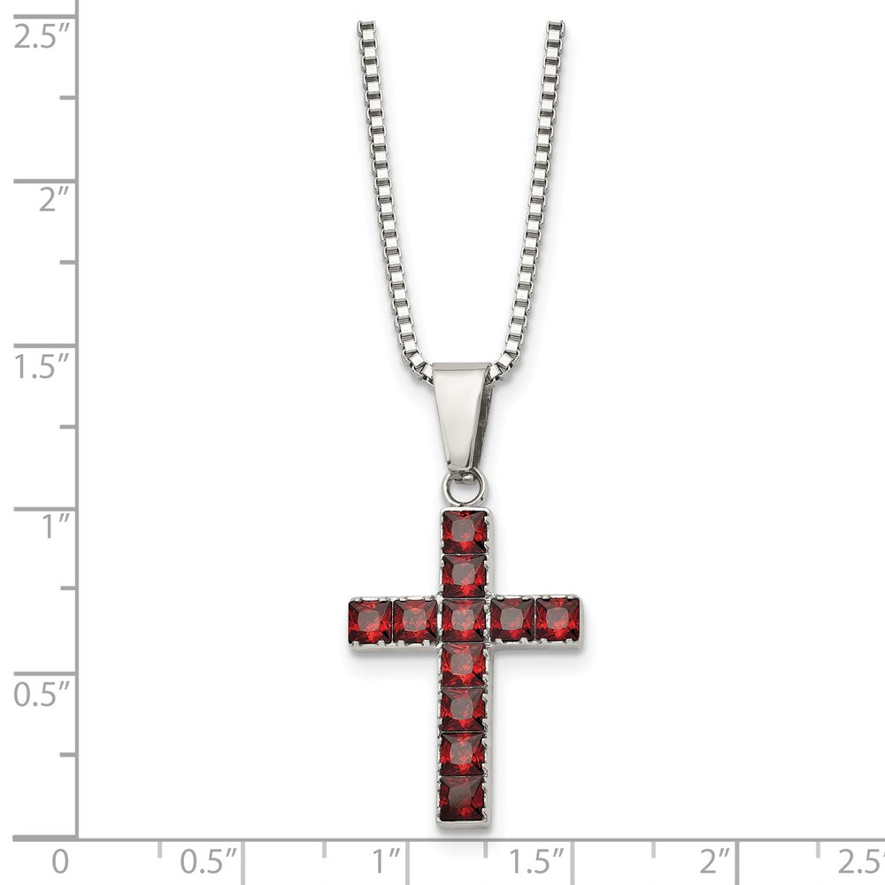 Stainless Steel Polished w/Red Square CZ Cross 18in Necklace