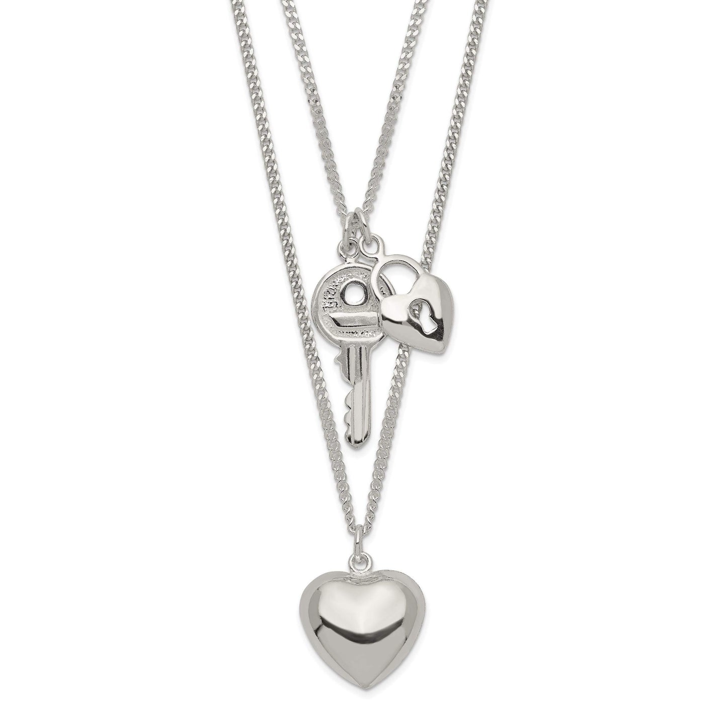 Sterling Silver 2-Strand Heart and Key Necklace 18 Inches