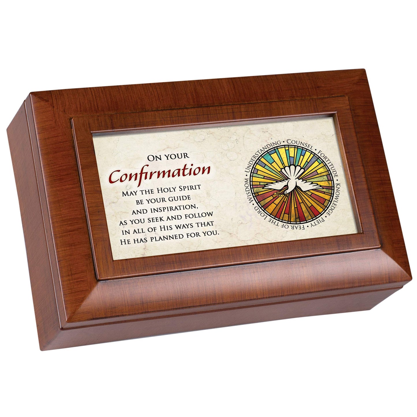Confirmation Holy Spirit Woodgrain Petite Traditional Music Box Plays How Great Thou Art