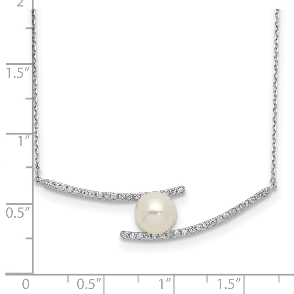Sterling Silver Rhodium-plated 7-8mm White Button Freshwater Cultured Pearl and CZ 17 inch Necklace 17 Inches