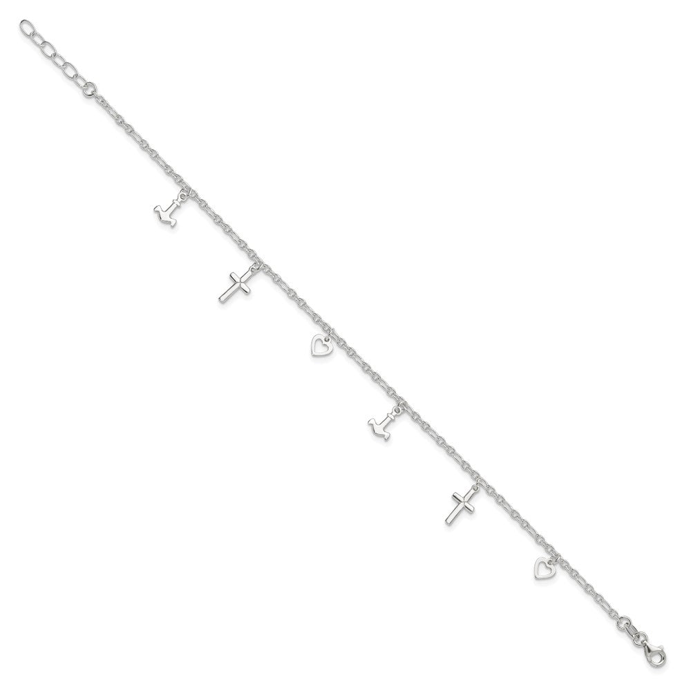 Sterling Silver Cross Heart and Anchor 9in Plus 1in ext Anklet 10 inches