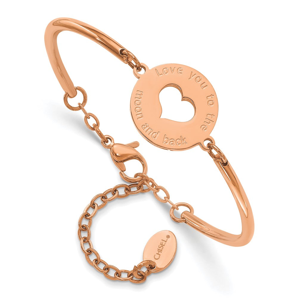 Stainless Steel Polished Rose IP LOVE YOU TO THE MOON Heart Bracelet 6.5 inches