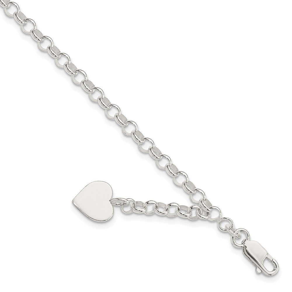 Sterling Silver Engraveable Heart Charm Rolo Bracelet 7.5 inches