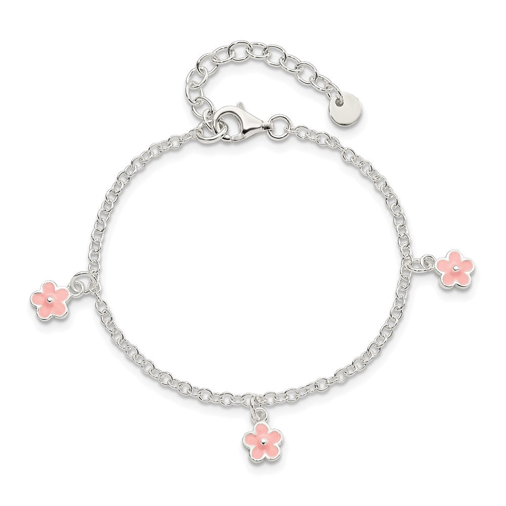 Sterling Silver Polished Pink Enamel Flowers w/1.5in Ext Children's Bracele 7 inches