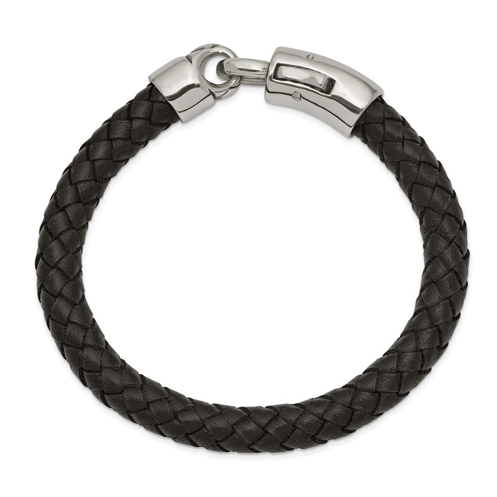 Stainless Steel Antiqued and Polished Black Leather 8.25in Bracelet 8.25 inches