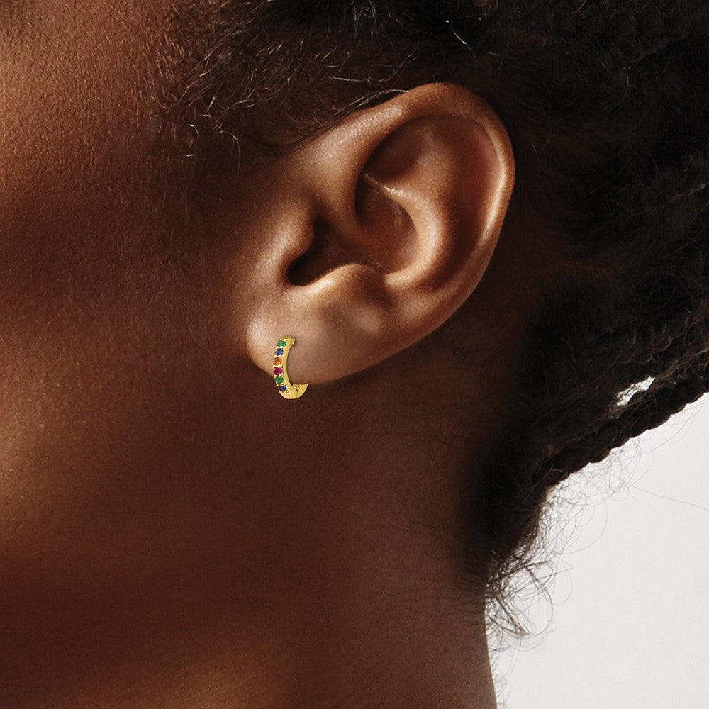 Prizma Sterling Silver Gold-tone 14K Flash Gold-plated Colorful CZ Small Hinged Hoop Earrings
