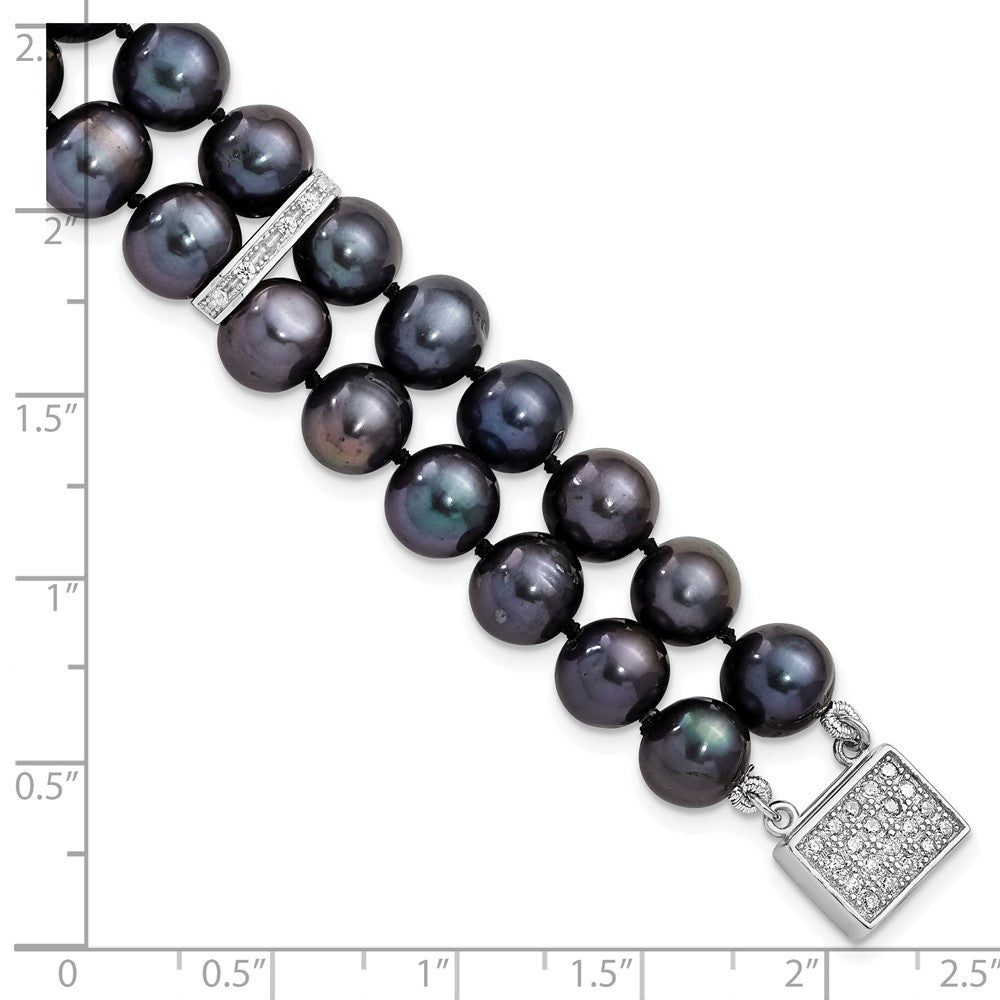Sterling Silver Rhodium-plated 7-8mm Black Near-Round Freshwater Cultured Pearl and CZ 2-strand 7.5 inch Bracelet 7.5 inches