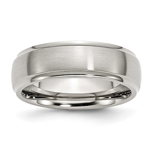 Stainless Steel Polished w/Brushed Center 7mm Ridged Edge Band Size - 9.5