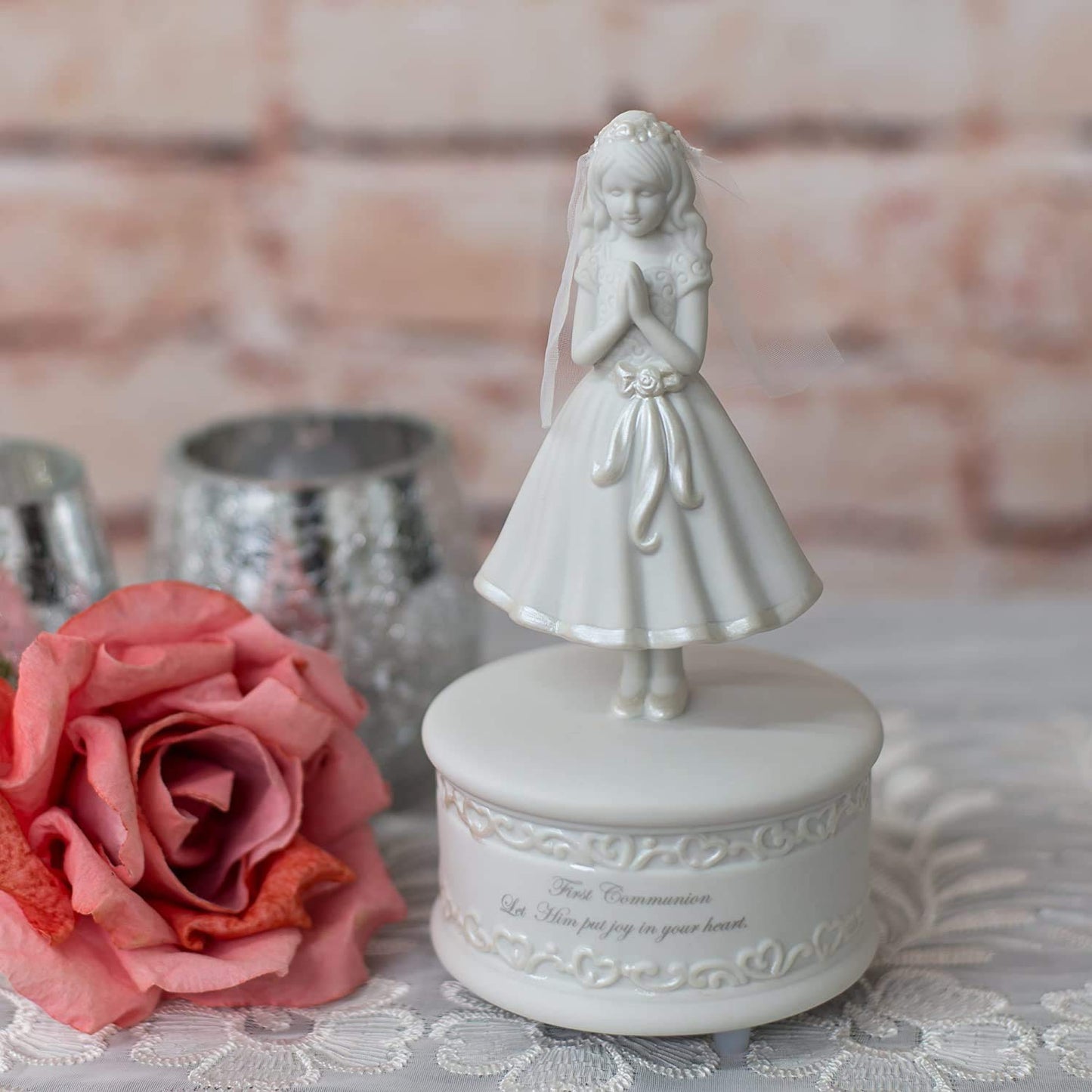 First Communion Girl 7.5 Inch Porcelain Musical Figurine Plays The Lord's Prayer