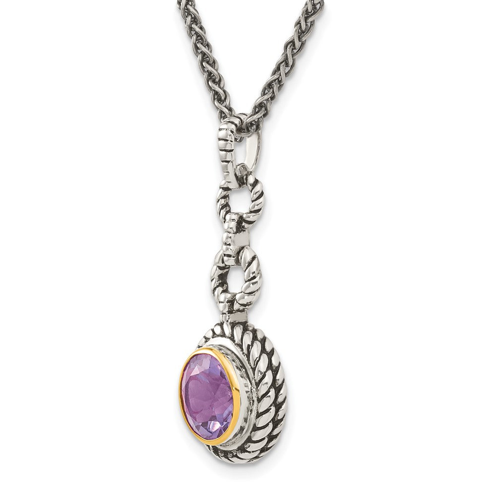 Shey Couture Sterling Silver Gold-tone Flash Gold-plated 18 Inch Antiqued Round Bezel Amethyst Necklace 18 Inches