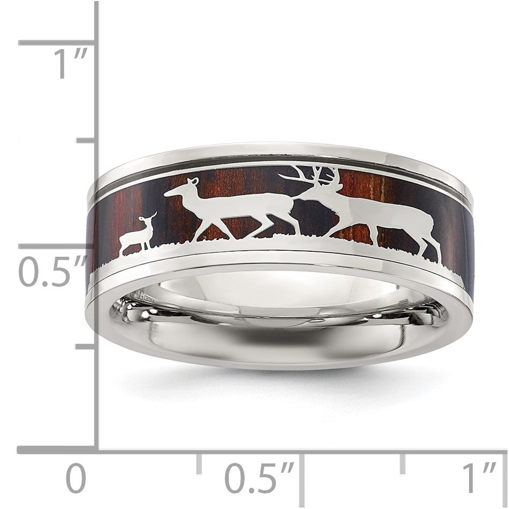 Stainless Steel Polished with Wood Inlay Deer Design 8mm Band Size - 12