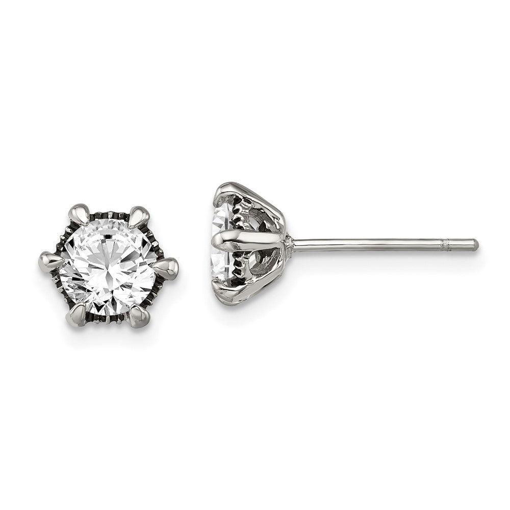Stainless Steel Antiqued and Polished CZ Post Earrings
