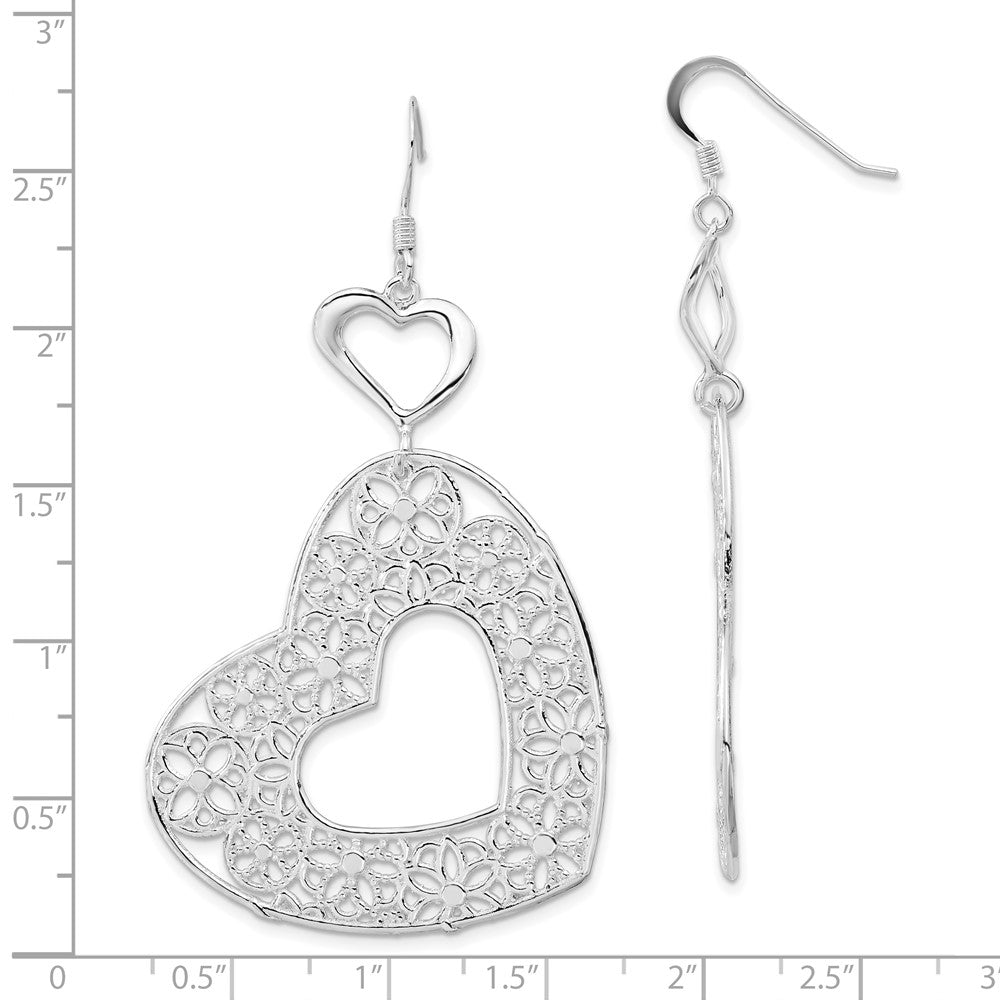 Sterling Silver Polished Fancy Filigree Heart Dangle Earrings
