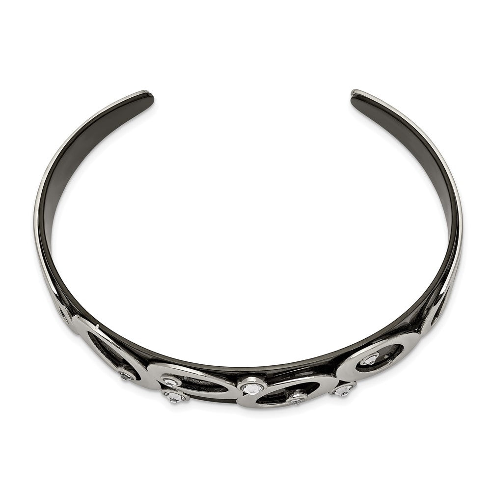 Stainless Steel 15mm Polished Black IP w/Swarovski Crystal Cuff Bracelet 6.5 inches