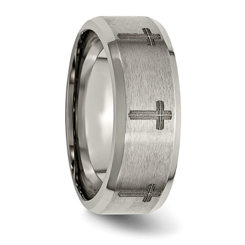 Chisel Titanium Brushed and Polished Cross Laser Design 8mm Beveled Edge Band Size - 9