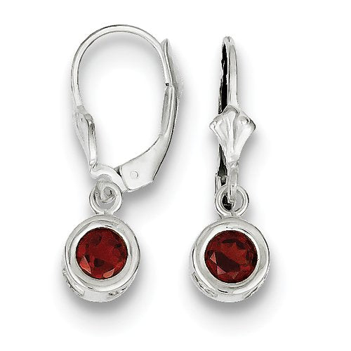 Sterling Silver Rhodium Plated 5mm Round Garnet Leverback Earrings