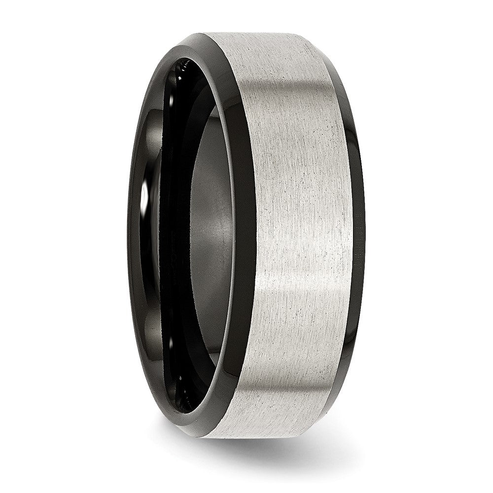 Stainless Steel Polished Black IP w/Brushed Center 8mm Beveled Edge Band Size - 14