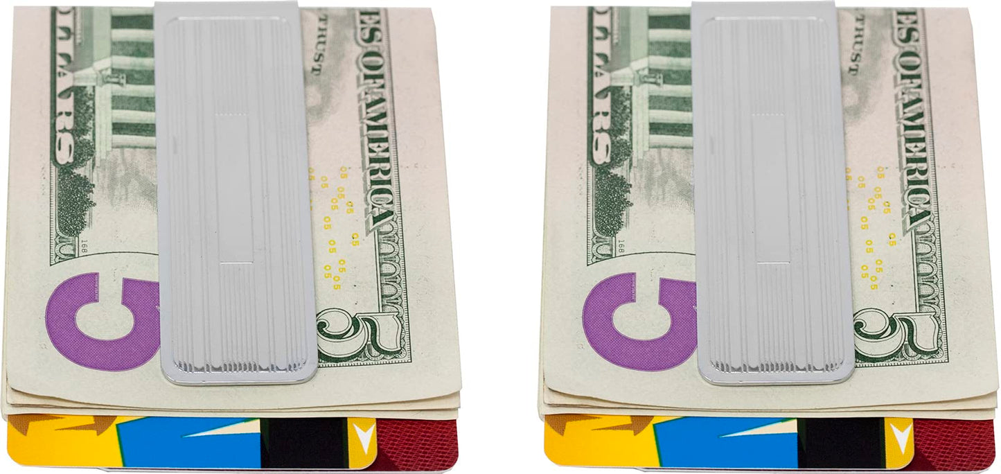 Set of 2 Chrome-Plated Slim Stainless Steel Money Clips in Silver (Parallel Lines)