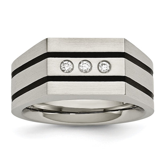 Stainless Steel Brushed Black IP-plated w/CZ Signet Ring Size - 10