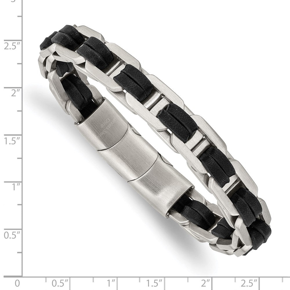 Stainless Steel Brushed with Black PU Leather 7.75in w/.5in ext Bracelet 7.25 inches