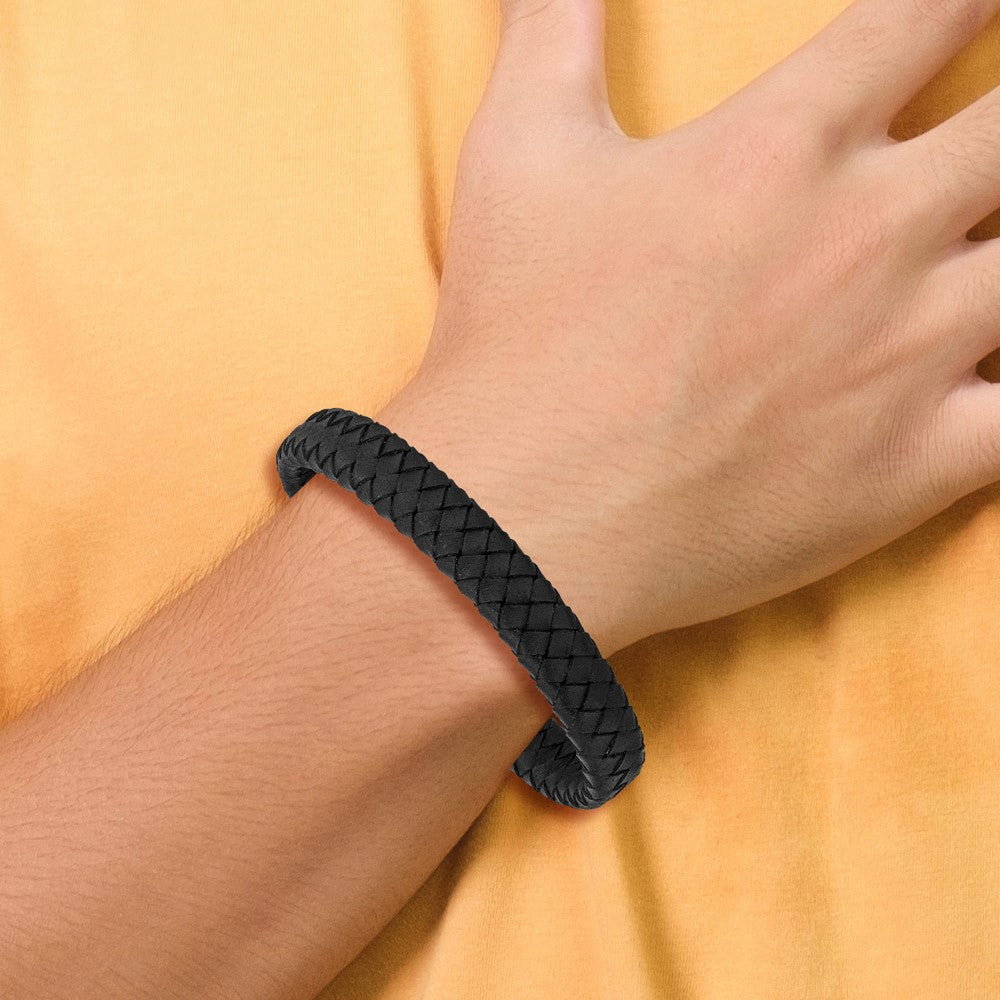 Stainless Steel Antiqued Black Leather 8.25in Bracelet 8.25 inches