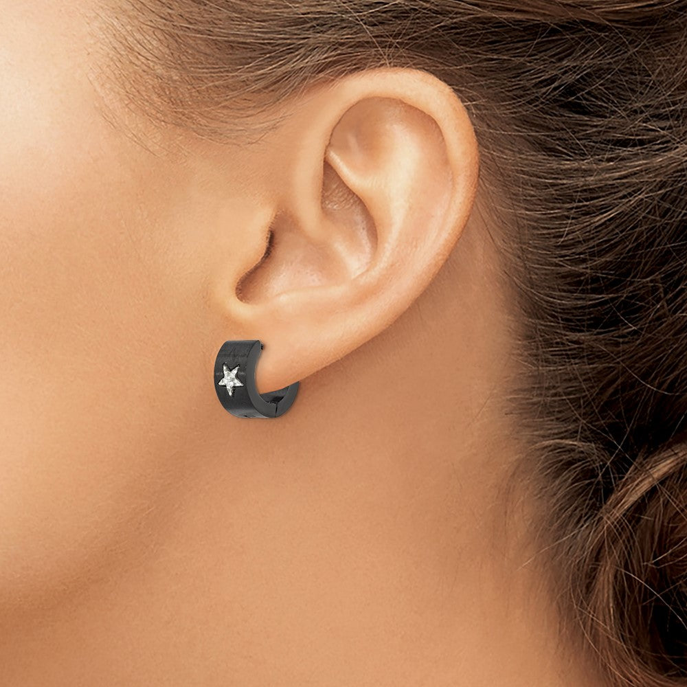 Stainless Steel Brushed Black IP CarbonFiber Star Hinged Hoop Earrings