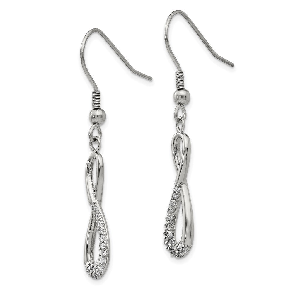 Stainless Steel Polished w/CZ Infinity Dangle Shepherd Hook Earrings