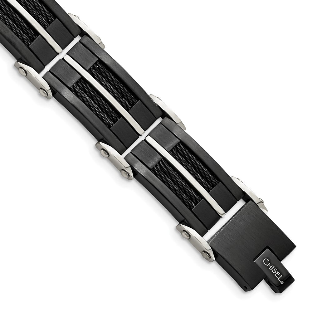 Stainless Steel Brushed and Polished Black IP-plated Wire 8.75in Bracelet 8.75 inches