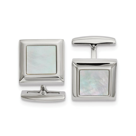 Chisel  Stainless Steel Polished Mother of Pearl Square Cuff Links