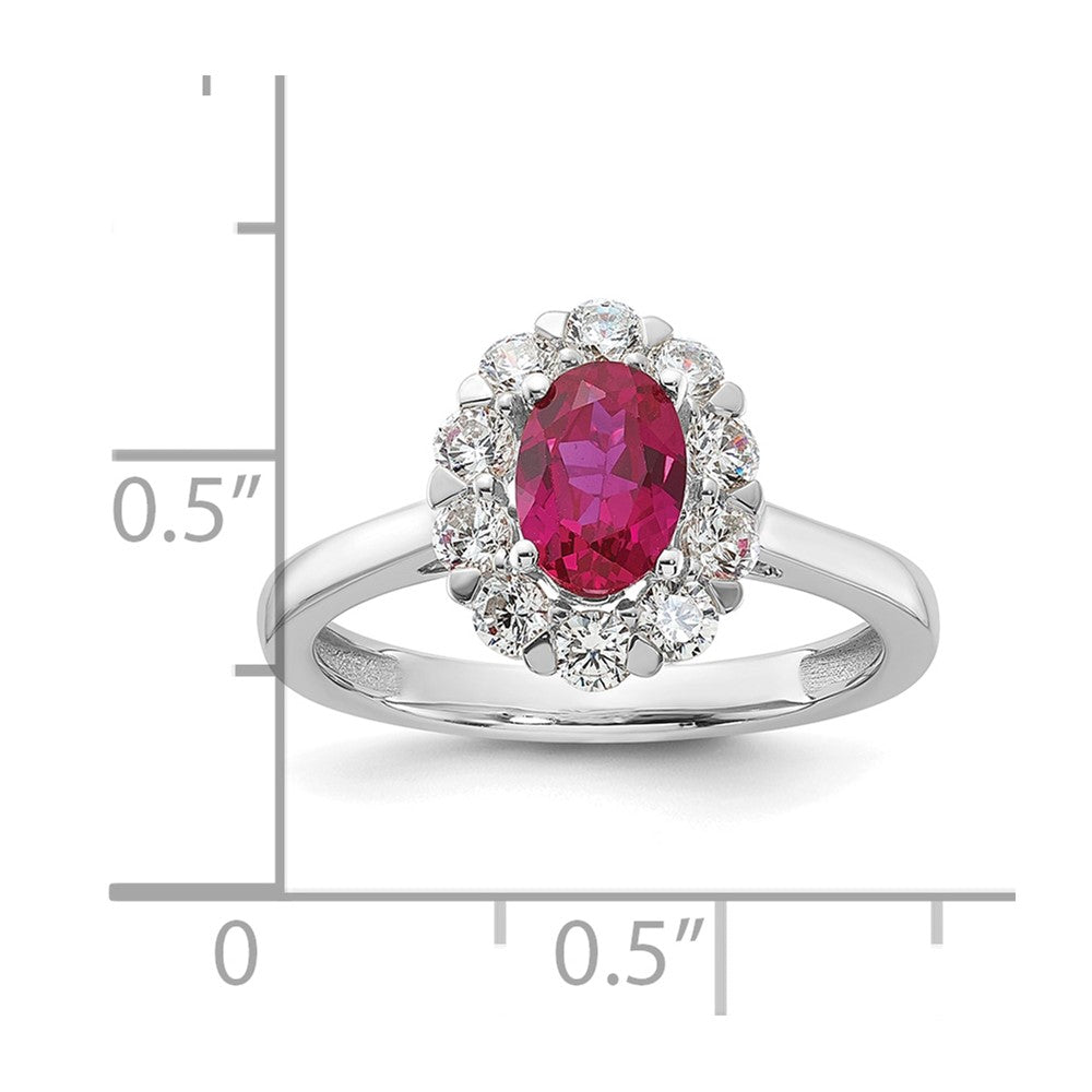 10k White Gold 5/8 carat Lab Grown Diamond VS/SI+ G+ and Oval Lab Created Ruby Halo Fashion Ring