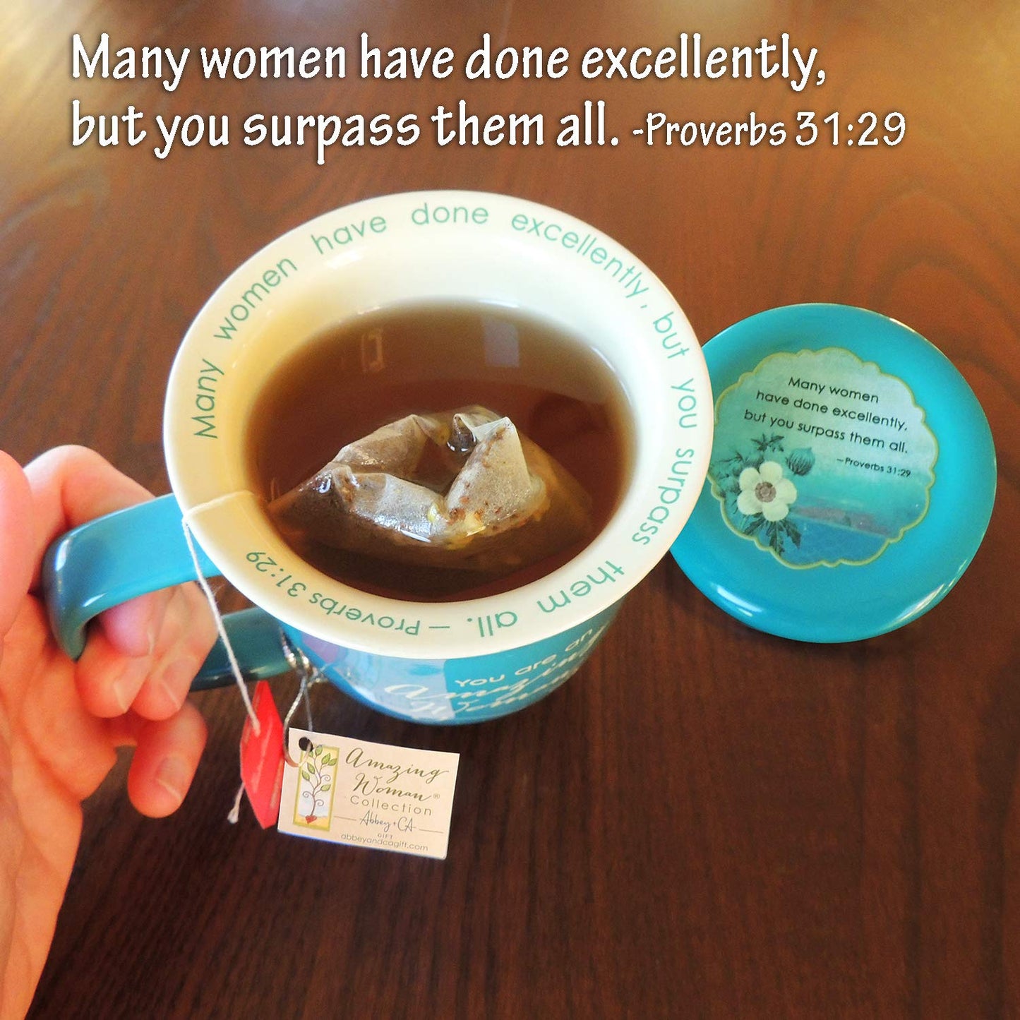 Cathedral Art-DBA Abbey Gift 096822 Mug Grace Outpoured Amazing Woman Interior with Coaster Lid, Teal & Cream