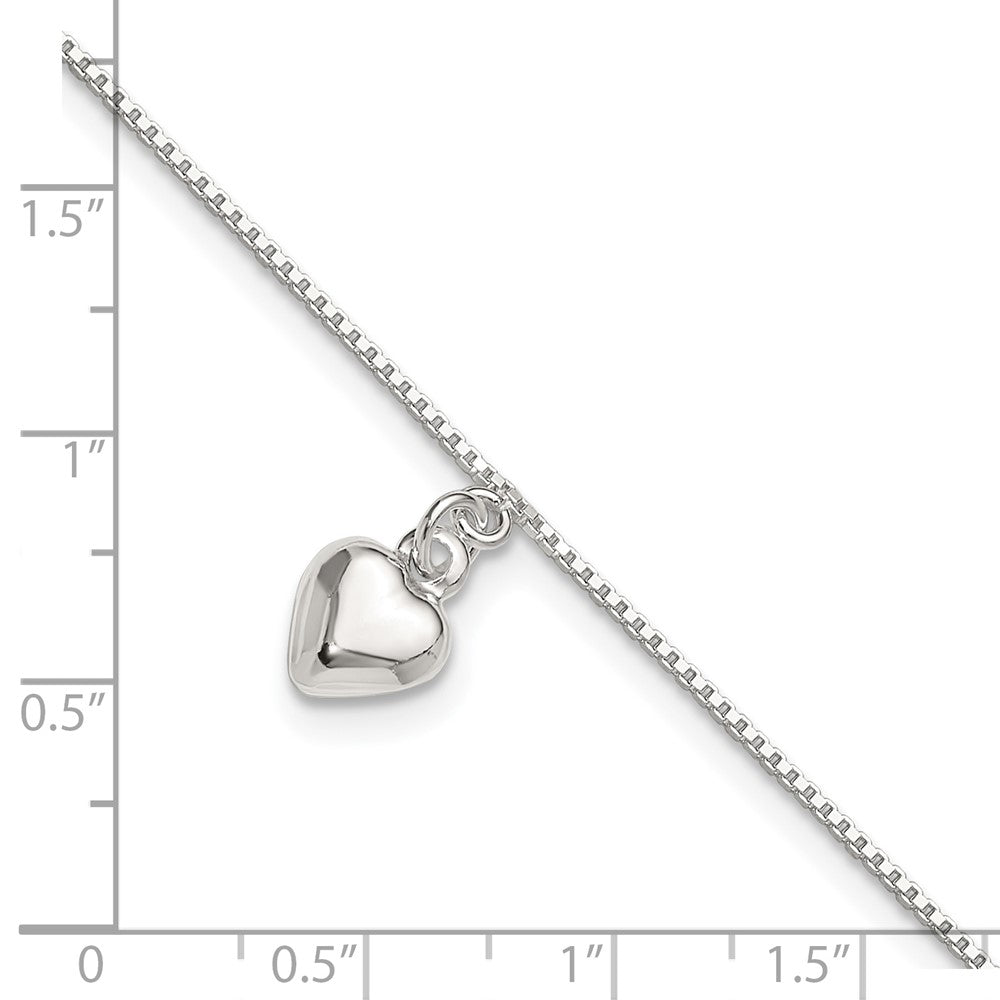 Sterling Silver 10inch Polished Puffed Heart Anklet 10 inches