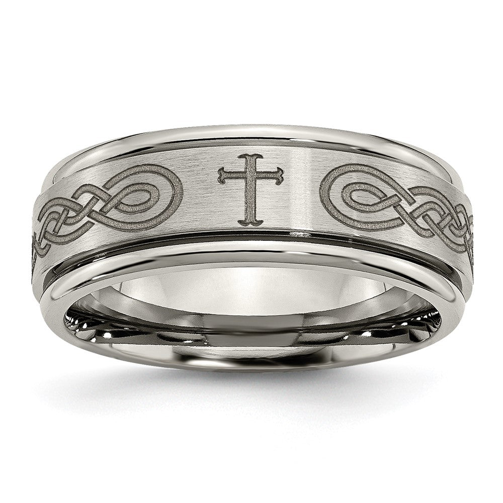 Titanium Brushed & Polished Cross Laser Design 8mm Ridged Edge Band Size - 13