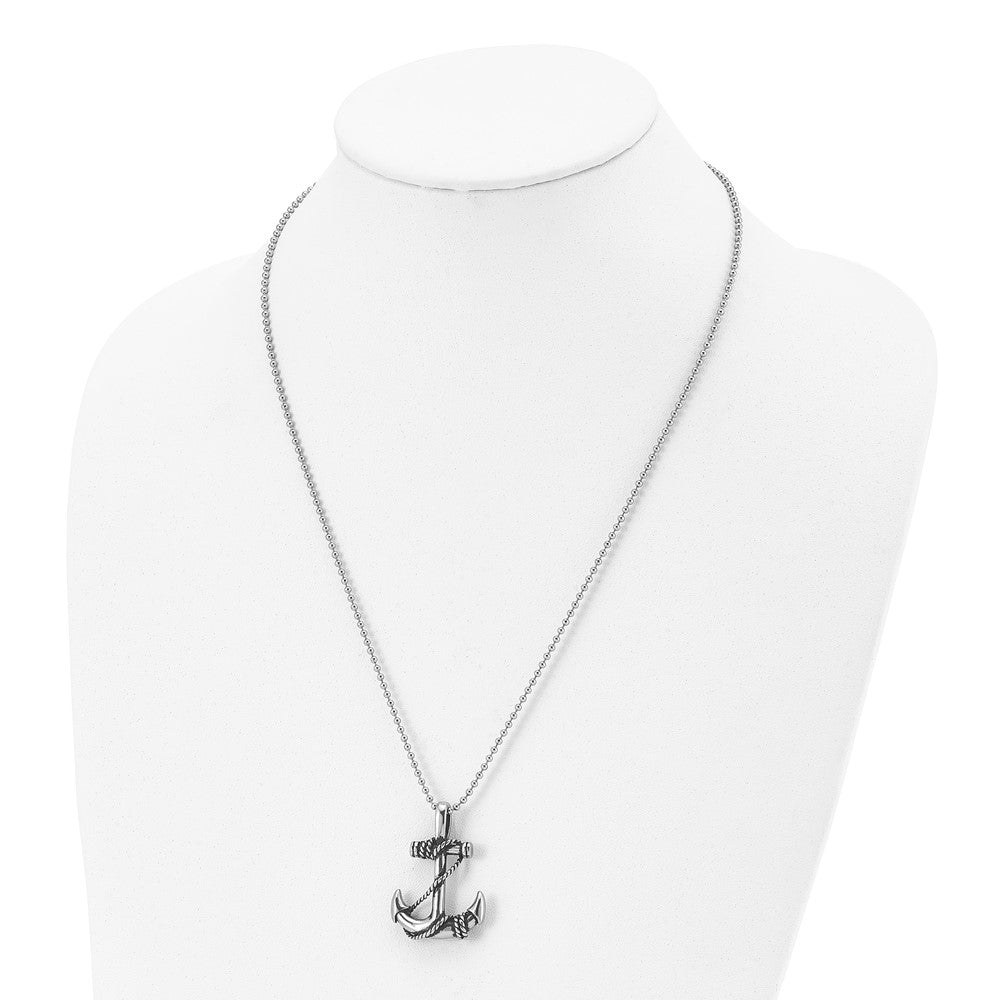 Stainless Steel Antiqued and Polished Anchor 22in Necklace