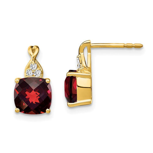 14k Yellow Gold Checkerboard Garnet and Real Diamond Earrings