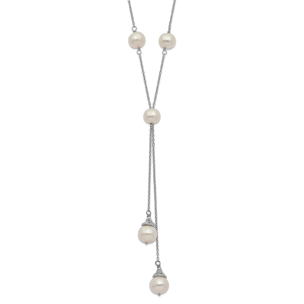 Sterling Silver Rhodium-plated 6-9mm White Teardrop and Semi-Round Freshwater Cultured Pearl 9-Station 2 drop 16 inch with 2 inch Extension Necklace 16 Inches