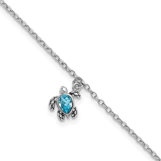 Sterling Silver Rhodium-plated Polished and Antiqued Blue Crystal Turtle 9 inch with an 1 inch Anklet