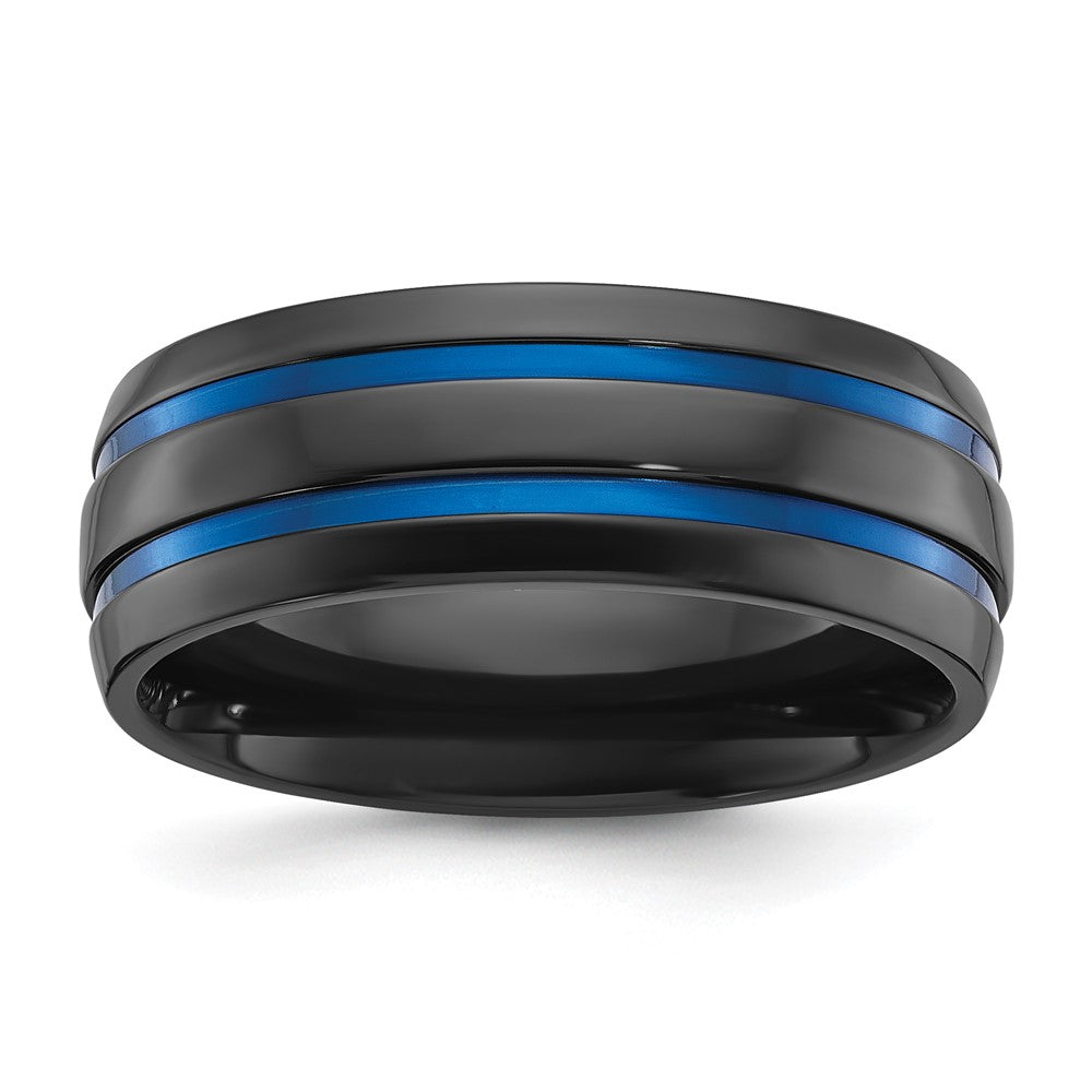 Chisel Black Zirconium Polished with Blue IP-plated Stripes 8mm Band Size - 10