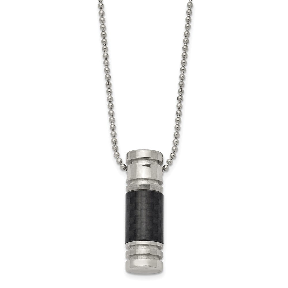 Stainless Steel Polished Cylinder w/Black Carbon Fiber Inlay 22in Necklace