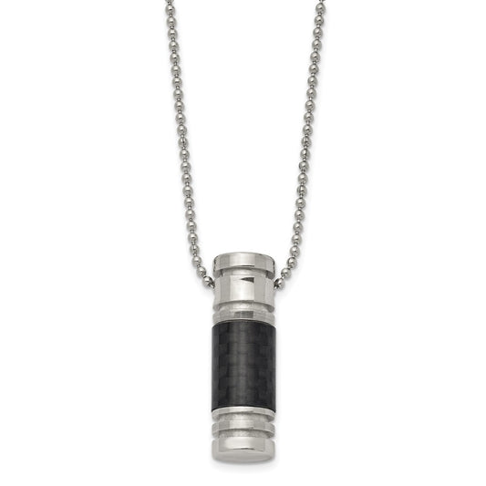 Stainless Steel Polished Cylinder w/Black Carbon Fiber Inlay 22in Necklace